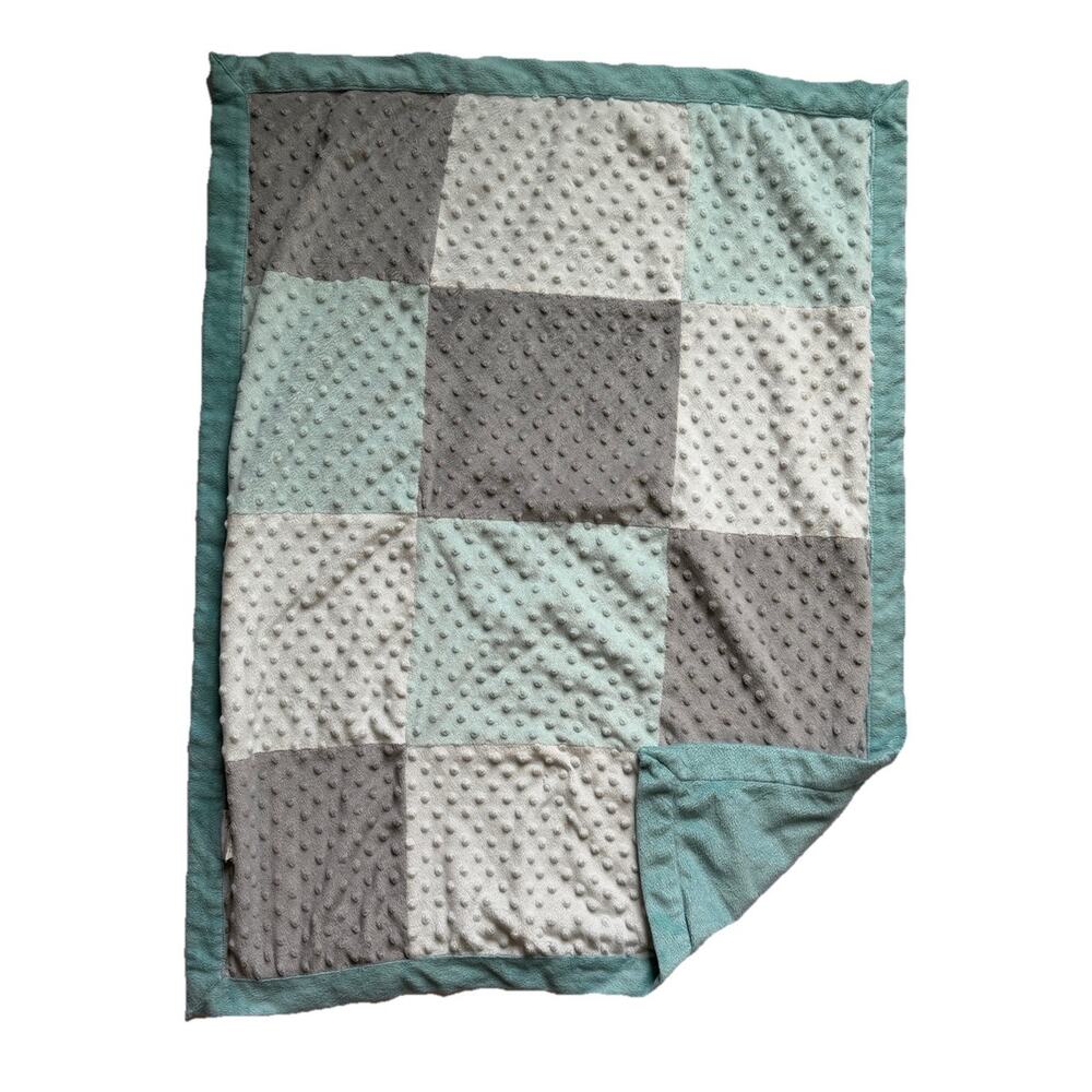 The Peanut Shell Green Aqua Gray Patchwork Square Minky Dot Baby Blanket Texture